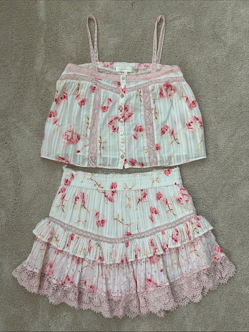 LoveShackFancy Pink Floral Women Lace-Trim Tank and Ruffle Mini Skirt